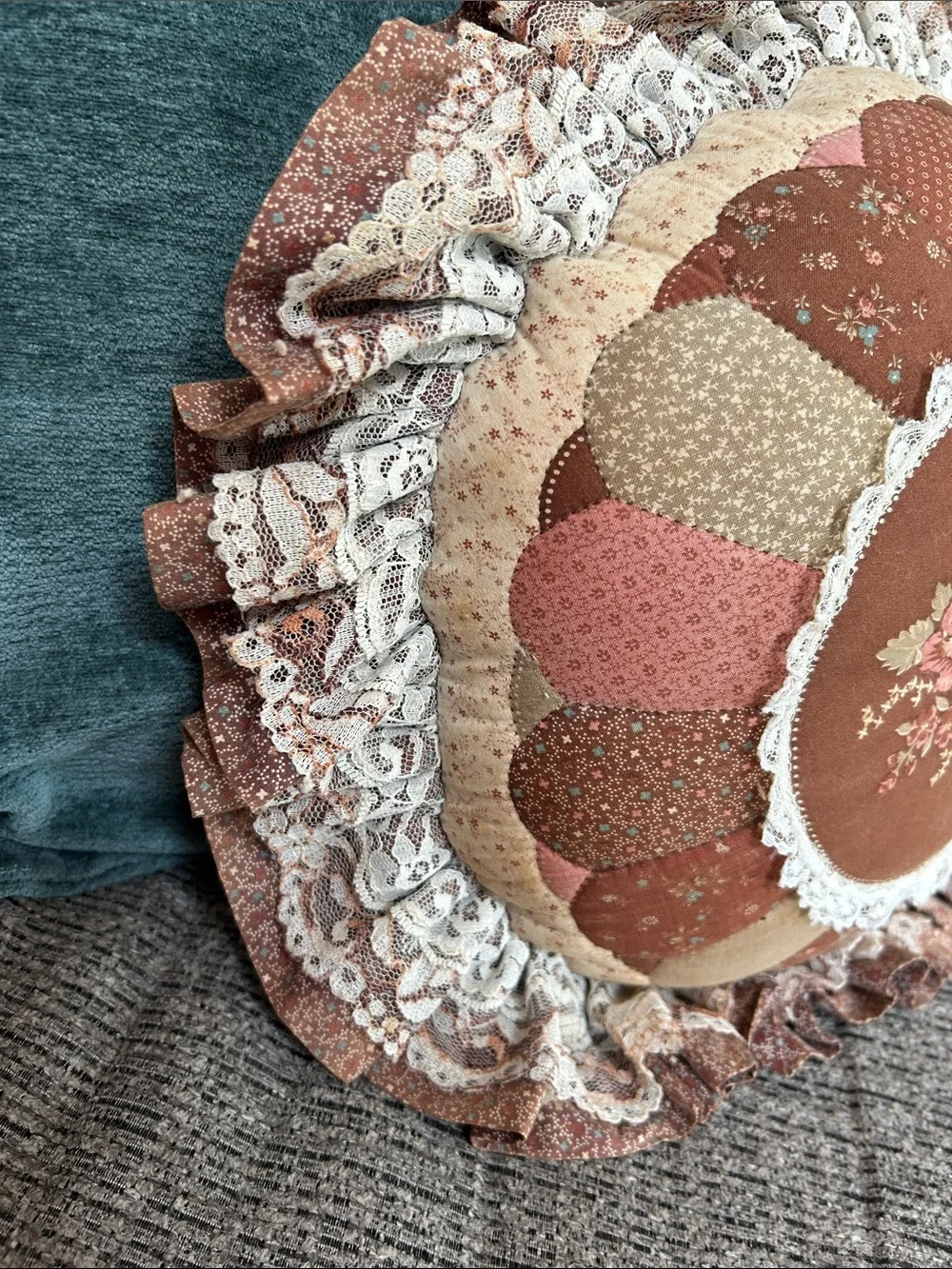 Decor Round Floral Quilted/lace Pillow - Rust/Pink/Cream - Butterfly/flowers